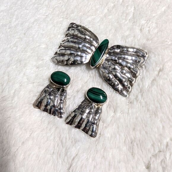 Vintage 70's Sterling Silver & Malachite Brooche w/ Earrings (plz read descrp) - Picture 10 of 13